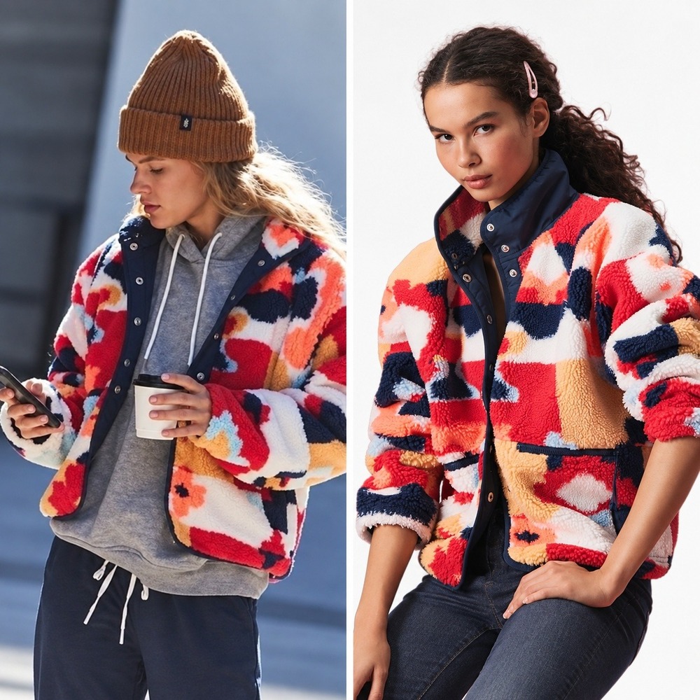 Free People FP Movement Hit The Slopes Printed Fleece Jacket Geometric Multi L